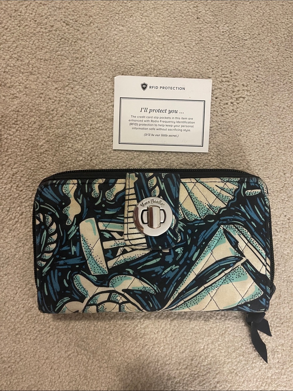 Vera Bradley Teal & Cream Quilted Floral Zip Wallet with Silver Turn-Lock